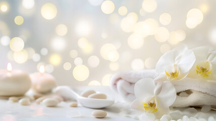 Serene Spa Ambiance with Towels, Blossoms, and Candles Backlit