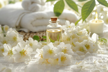 Obraz na płótnie Canvas Aromatic Spa Setting with Essential Oil and Jasmine Flowers