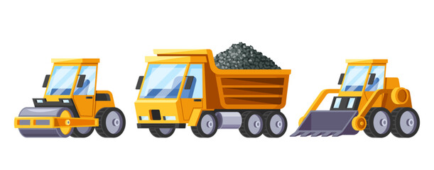 Heavy Construction Cars. Cartoon Vector Tip Truck Hauls And Unloads Materials Like Gravel. Roller Compacts Road Surfaces