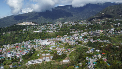 Fototapeta na wymiar Aerial view of tawang town in arunachal pradesh in India. Landscape mountains of himalayas of arunachal pradesh.