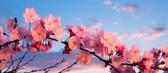A picturesque scene of a tree branch covered in pink flowers against a vibrant blue sky with fluffy clouds, creating a stunning natural landscape showcasing the beauty of the world
