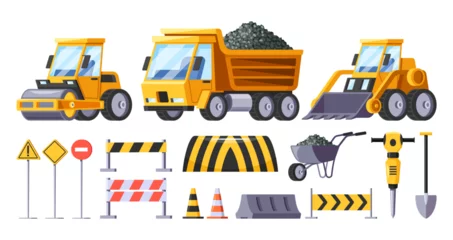 Rolgordijnen Road Construction Equipment. Bulldozer, Wheelbarrow And Tip Truck For Earth Moving, Roller For Compaction, Jackhammer © Pavlo Syvak