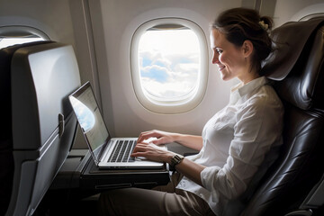 Businesswoman Working on Laptop While Traveling in Airplane Cabin