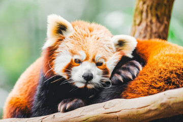 A red panda bear perched on a tree branch, showcasing its vibrant fur and distinctive facial markings in its natural habitat.