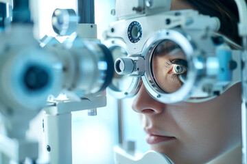 Close Up View of a Woman's Eye Checking the eye vision Through Optometrist's Equipment at a optical clinic - obrazy, fototapety, plakaty