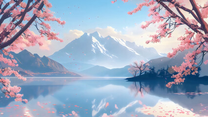 Sakura nature background: illustration of a lake nestled among towering mountains, Spring, pink...