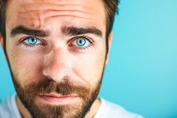A detailed view of a mans face showing his striking blue eyes in close-up. Facial expression of disapproval with frown. Isolated on blue with copy space.