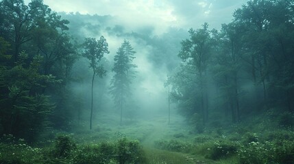 Misty forest with lush green foliage and a subtle sunbeam shining through the canopy