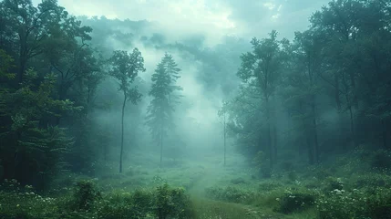 Fotobehang Misty forest with lush green foliage and a subtle sunbeam shining through the canopy © Michael