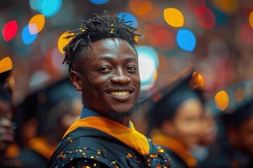In a moment of triumph and happiness, an African male graduate exudes confidence and pride in his graduation portrait, symbolizing the culmination of years of dedication and perseverance