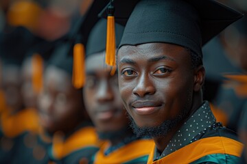 Radiating happiness and confidence, an African male graduate smiles brightly in his graduation portrait, standing as a testament to his perseverance and dedication in achieving his academic goals