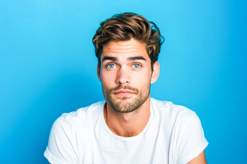 Studio portrait of bearded man with blue eyes wearing a white t-shirt , isolated on blue background with copy space.