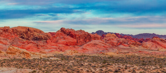 Dramatic Sunrise over rocky landscape terrain. Valley of Fire, Nevada, United States