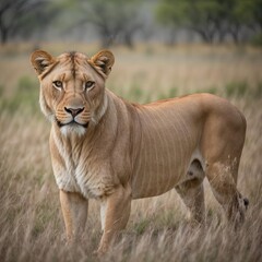 Lioness standing still looking at the camera. - 755075537