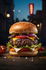 Close-up of tasty burger on table against american city background