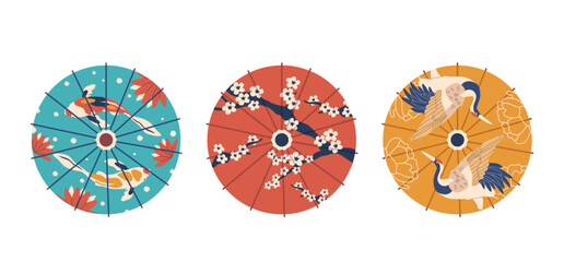 Circular Japanese Umbrellas Top View, Intricate Paper Or Fabric Parasols with Delicate Patterns of Koi, Crane and Sakura © Pavlo Syvak