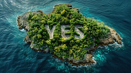 Travel agency says yes! An island in the shape of the word yes. The inscription yes. Say yes to islands!  Don't tell anyone you're talking to the islands. Travelling and adventure. Advertising. - obrazy, fototapety, plakaty