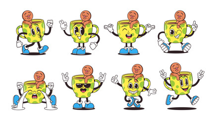 Retro Style Cartoon Mug Characters. Charming, Vintage-inspired Cups With Gingerbread Man Cookie, Bright Colors