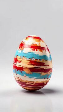 Painted Easter egg on a light backdrop rotates around its axis. Concept of seasonal Easter decoration, artistic craft, festive egg painting, holiday tradition. Vertical format