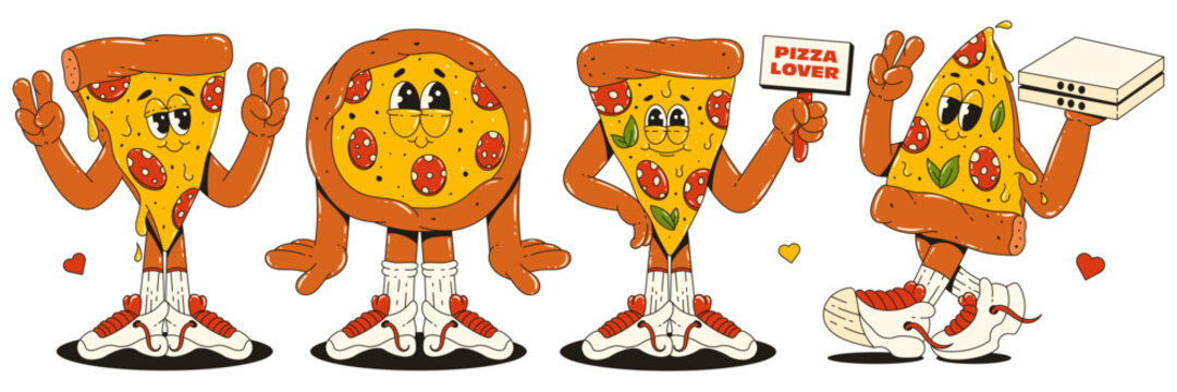 A set of cool pizza characters in sneakers and various poses. Trendy retro groovy style. Maskots for bar, restaurant, cafe.