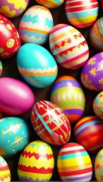 Brightly painted Easter eggs with various patterns. Concept of holiday decorations, Easter egg hunt, spring crafts, and festive ornaments. Vertical format