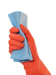 Hand glove holding cleanning sponge isolated on transparent background.  - 755077361