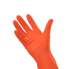 Hand wearing hygiene cleaning protective glove isolated on transparent layered background. - 755077365