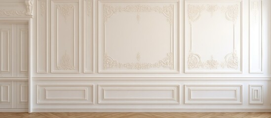 An empty room featuring a large white wall, part of a redecoration project. The classic white wall is accented with elegant wall panels adorned with intricate moldings,