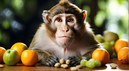 A monkey's photo from inside the camera lens while focusing on the fruits, camera is still on the table, monkey from lens, crystal clear 
