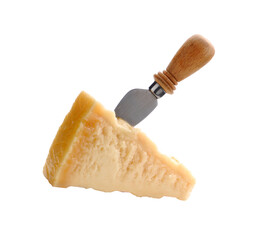 Parmesan cheese and knife isolated on transparent layered background. - 755077717
