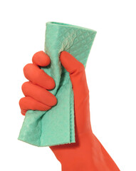 Hygiene cleaning glove hand holding cleaning sponge isolated on transparent layered background. - 755077757