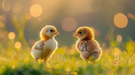 Two brown and yellow chicks on grass - Powered by Adobe