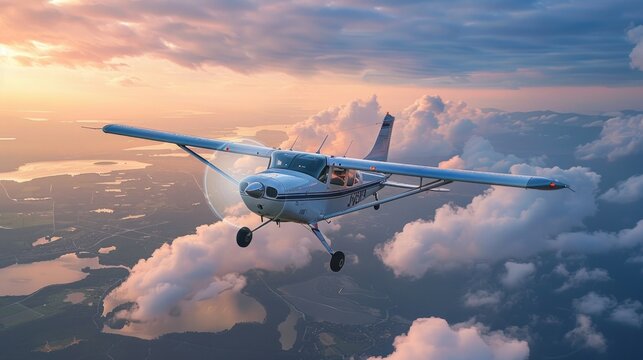 Single engine ultralight plane flying in the blue sky with white clouds.