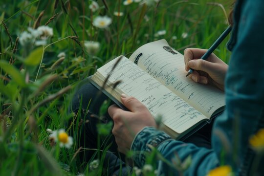 A candid image of a person journaling outdoors, embracing nature as a backdrop for reflection and growth