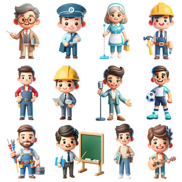 3D illustrations set of cute, stylized career characters.