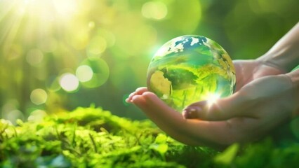 A hand holding a globe with green leaves surrounding it. Concept of protecting the environment and the importance of taking care of the planet