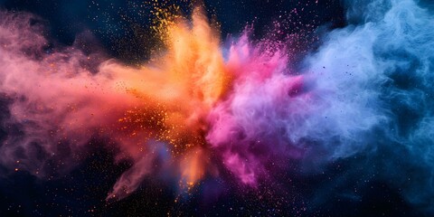 Obraz na płótnie Canvas Vibrant colored powder explodes creating a stunning visual against dark backdrop. Concept Vibrant Colors, Explosive Visuals, Dark Background, Colorful Powder, Stunning Photography