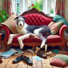 A lazy Irish Wolfhound stretched out on a red Victorian couch in a messy room littered with shoes, socks and papers