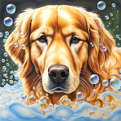 A golden retriever gazes directly at the viewer, surrounded by glistening bubbles against a dark, muted background