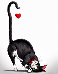 Black and white tuxedo cat with red dangling heart on raised tail isolated on white