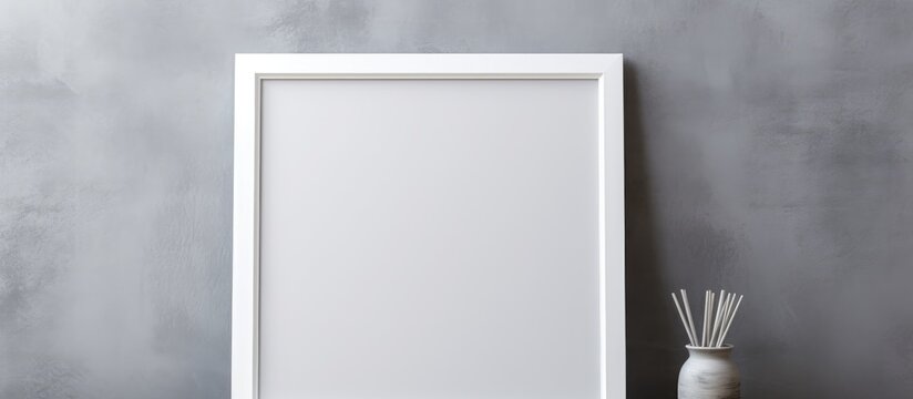 A white frame sits atop a wooden table, next to a ceramic vase. The frame is empty, serving as a blank canvas for personal photos or artwork. The vase adds a touch of elegance to the setting.