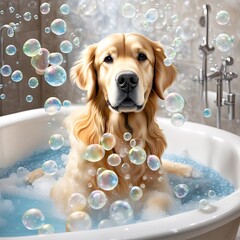 A golden retriever appears delighted amidst a flurry of soap bubbles while taking a bath in a white tub