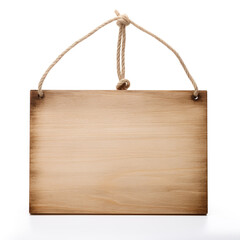 wooden sign hanging on ropes, white background, professional photo сreated with Generative Ai