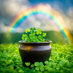 Pot of four-leaf clovers with rainbow in a green clover field