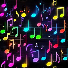 Neon-colored music notes float against a dark seamless background. The musical symbols are brightly lit in various colors, adding a vibrant and dynamic feel to the scene.