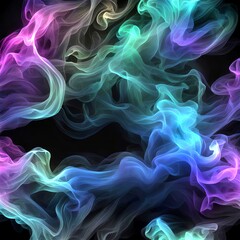 Vivid swirls of smoke in shades of blue, purple, and green create an ethereal and dynamic effect against a black background
