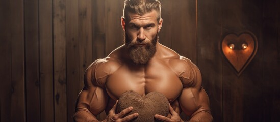 A barechested man with a muscular chest and facial hair is holding a coconut in front of a wooden wall, possibly sharing at a sports event