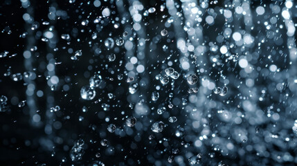 Intriguing close-up shot capturing the dynamic motion of water droplets suspended in dark air