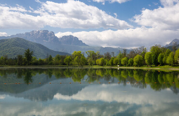 View of the lake in the city park of Vladikavkaz