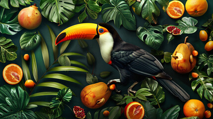 Vibrant toucan perched amidst tropical fruits